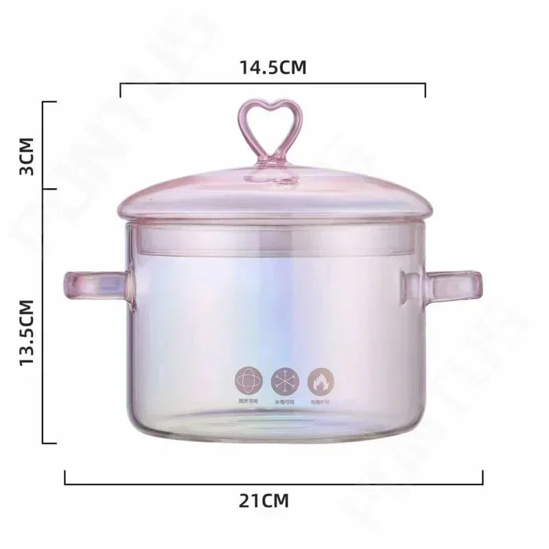 1500ml Pink Glass Soup Pot Transparent Heat-resistant Cooking Pan