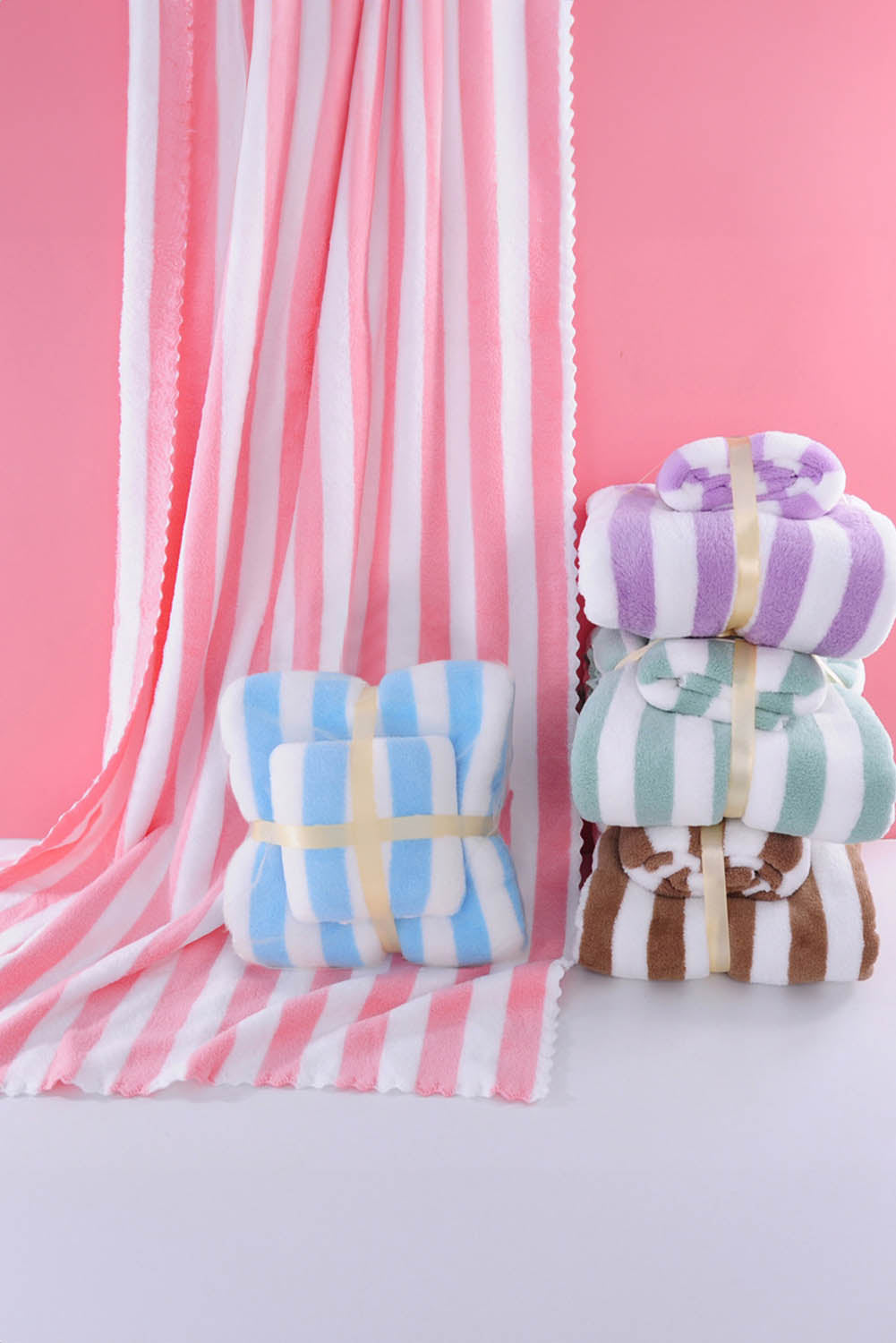 Pink Striped Plush Bath Towel Set