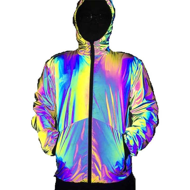 Men Reflective Hooded Jacket Casual Night Colorful Windbreaker Man Hip-hop Coats