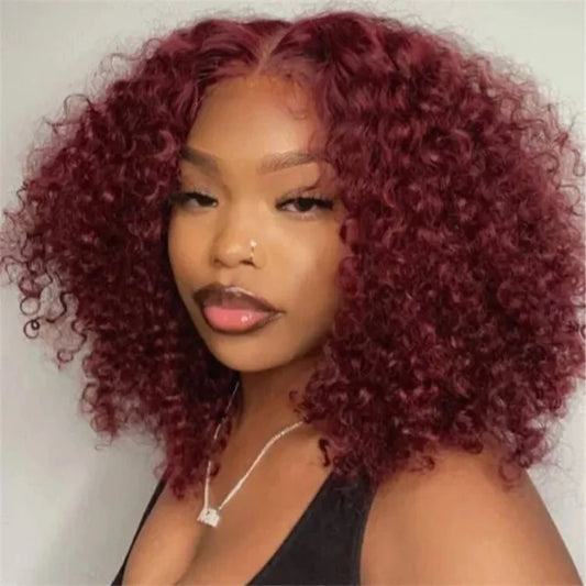 Colored Curly Deep Water Wave Lace Front Wig Burgundy  Human Hair