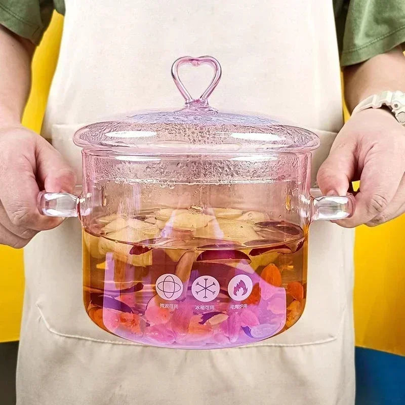 1500ml Pink Glass Soup Pot Transparent  Heat-resistant Cooking Pan