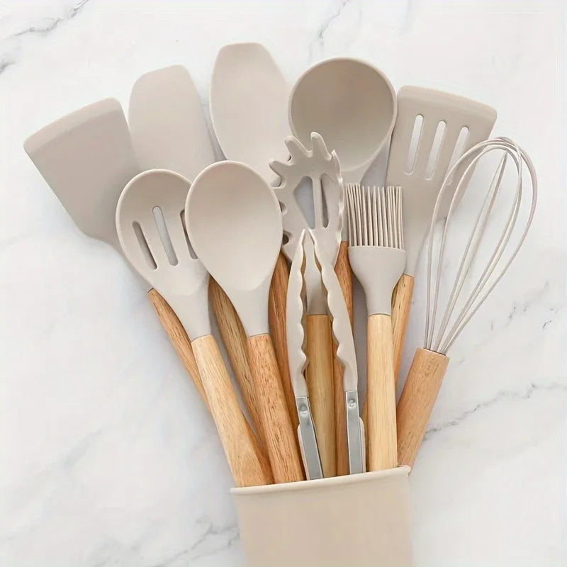 1 Set Kitchen Utensil Set, Silicone Cookware Set, 12pcs Silicone Kitchen Utensil Set, Wooden Cooking Utensils,