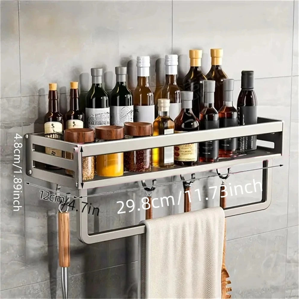 Aluminum Wall-Mounted Spice Rack Multifunctional Item Shelf Kitchen Tools Hooks Kitchen Condiment Storage Rack