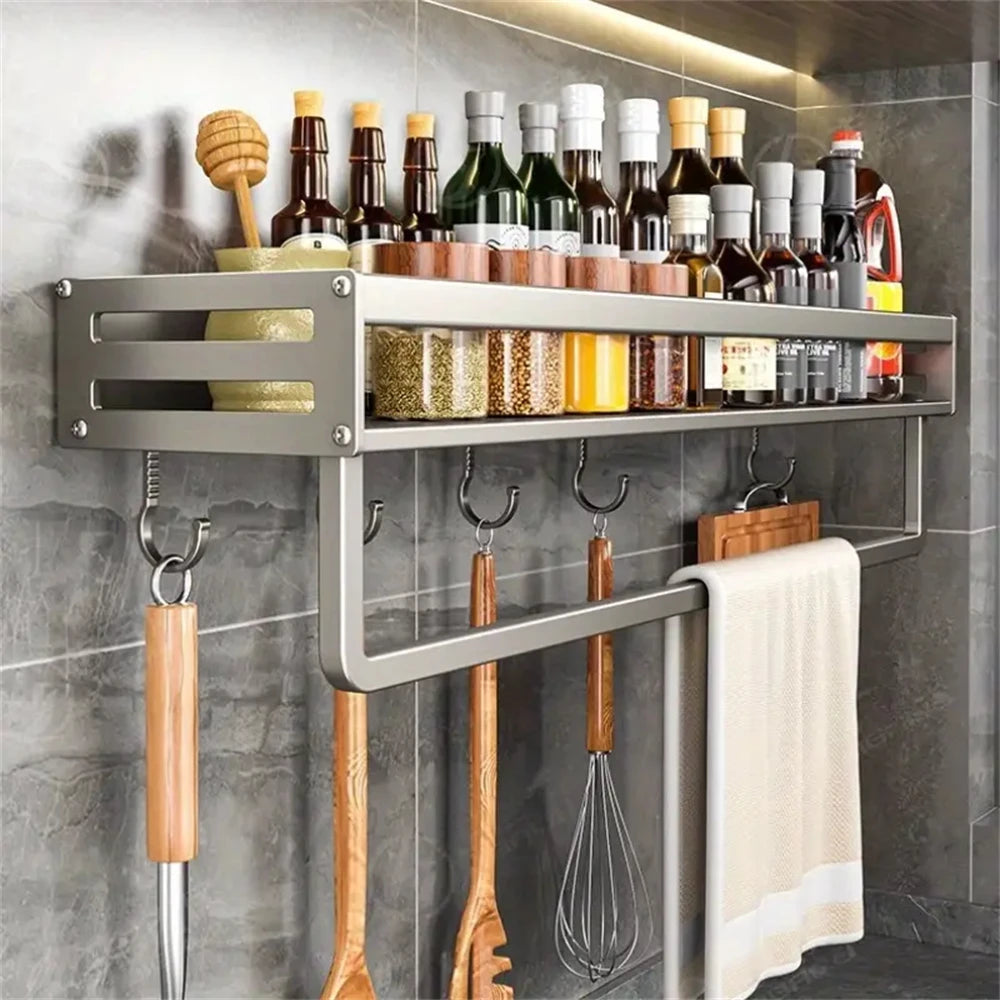 Aluminum Wall-Mounted Spice Rack Multifunctional Item Shelf Kitchen Tools Hooks Kitchen Condiment Storage Rack