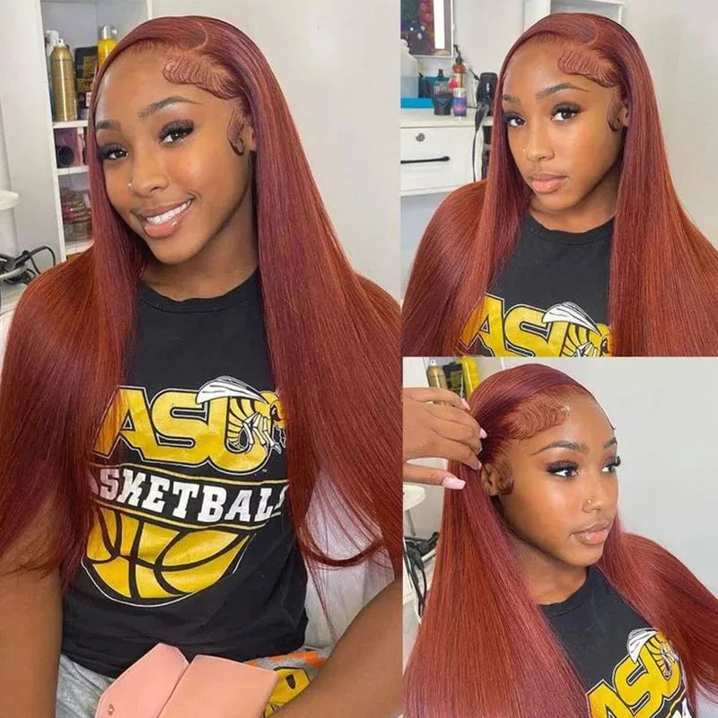 Reddish Brown Bone Straight 13x4 Human Hair Lace Front Wig Colored Brazilian Transparent Lace Frontal