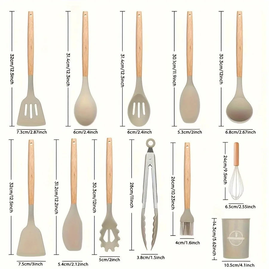 1 Set Kitchen Utensil Set, Silicone Cookware Set, 12pcs Silicone Kitchen Utensil Set, Wooden Cooking Utensils,