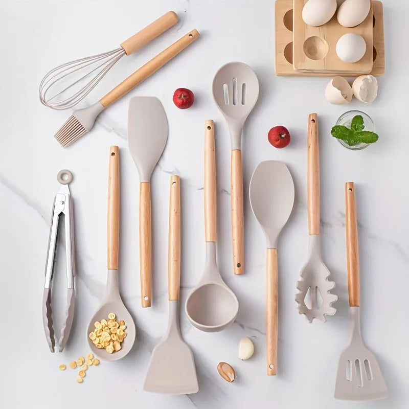 1 Set Kitchen Utensil Set, Silicone Cookware Set, 12pcs Silicone Kitchen Utensil Set, Wooden Cooking Utensils,