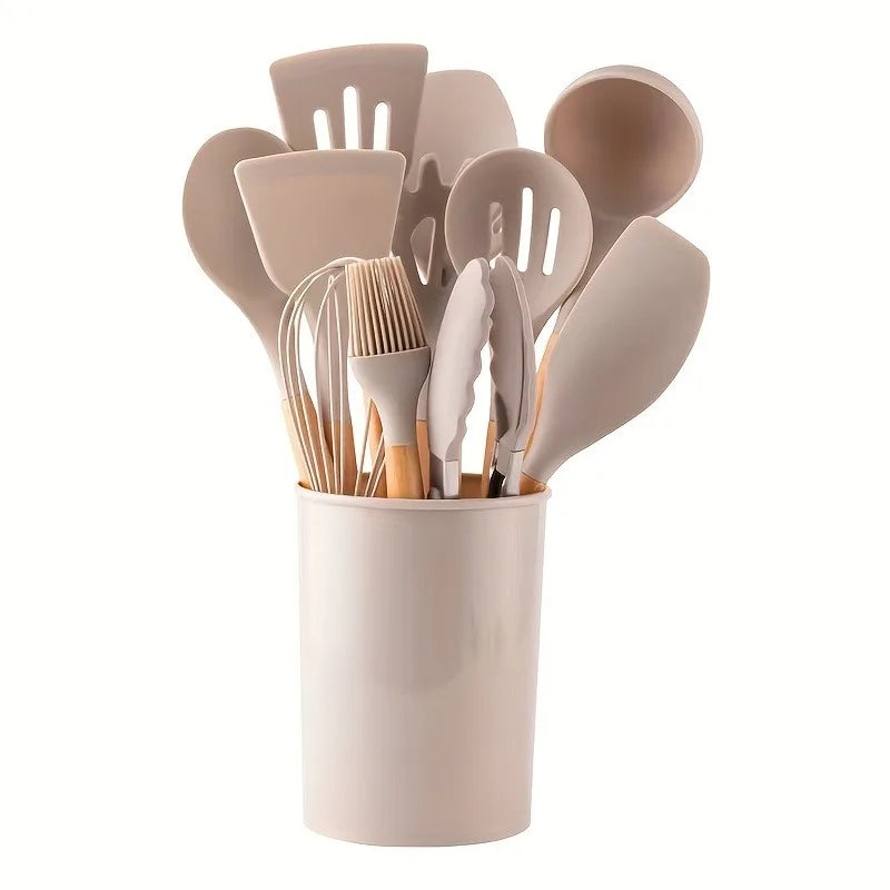 1 Set Kitchen Utensil Set, Silicone Cookware Set, 12pcs Silicone Kitchen Utensil Set, Wooden Cooking Utensils,