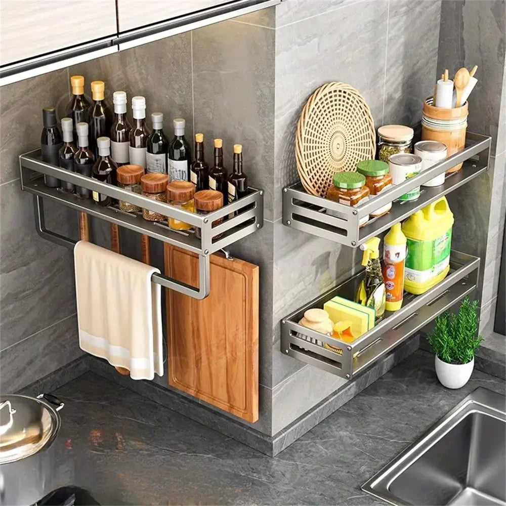 Aluminum Wall-Mounted Spice Rack Multifunctional Item Shelf Kitchen Tools Hooks Kitchen Condiment Storage Rack