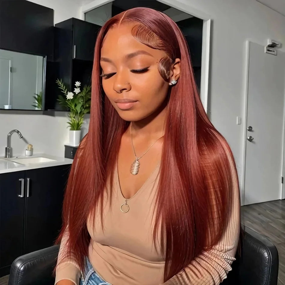 Reddish Brown Bone Straight 13x4 Human Hair Lace Front Wig Colored Brazilian Transparent Lace Frontal