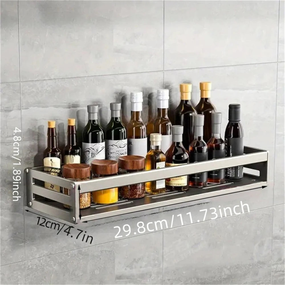 Aluminum Wall-Mounted Spice Rack Multifunctional Item Shelf Kitchen Tools Hooks Kitchen Condiment Storage Rack