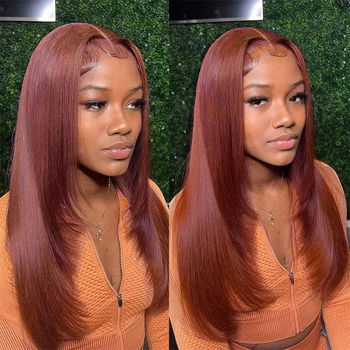 Reddish Brown Bone Straight 13x4 Human Hair Lace Front Wig Colored Brazilian Transparent Lace Frontal