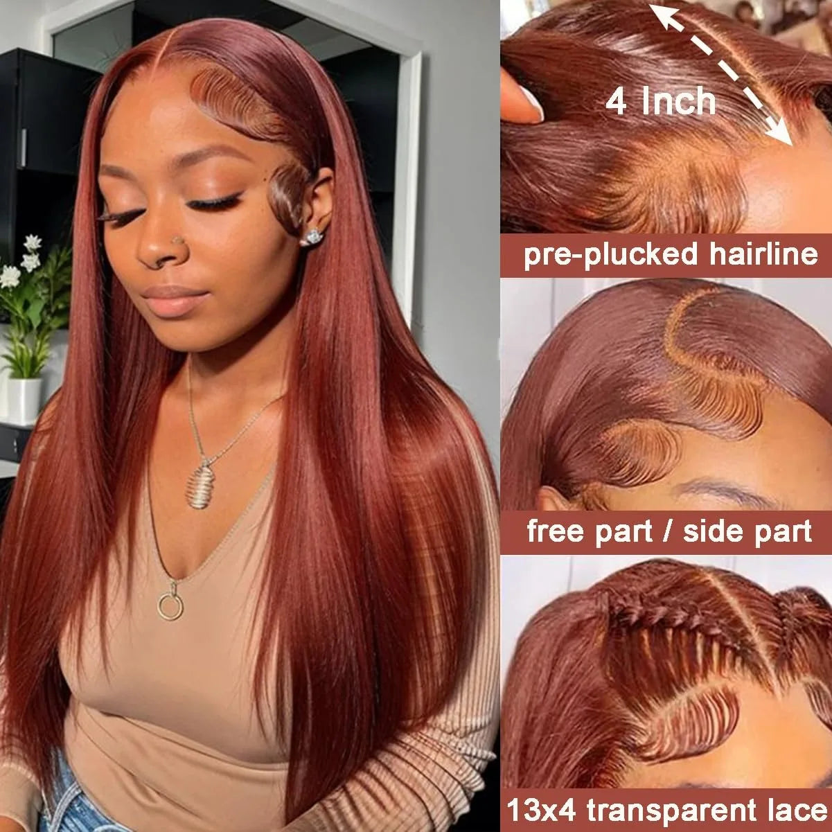 Reddish Brown Bone Straight 13x4 Human Hair Lace Front Wig Colored Brazilian Transparent Lace Frontal