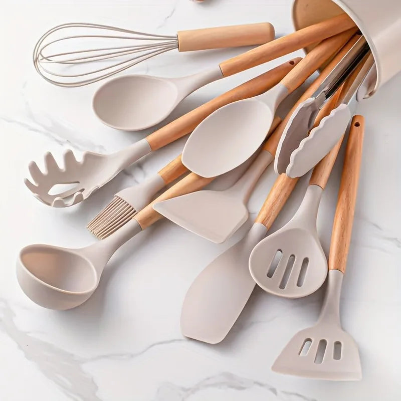 1 Set Kitchen Utensil Set, Silicone Cookware Set, 12pcs Silicone Kitchen Utensil Set, Wooden Cooking Utensils,