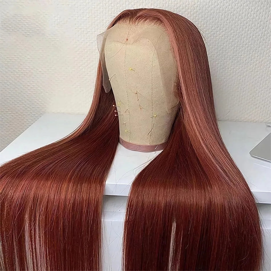 Reddish Brown Bone Straight 13x4 Human Hair Lace Front Wig Colored Brazilian Transparent Lace Frontal