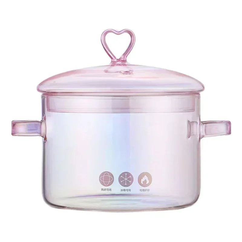 1500ml Pink Glass Soup Pot Transparent  Heat-resistant Cooking Pan