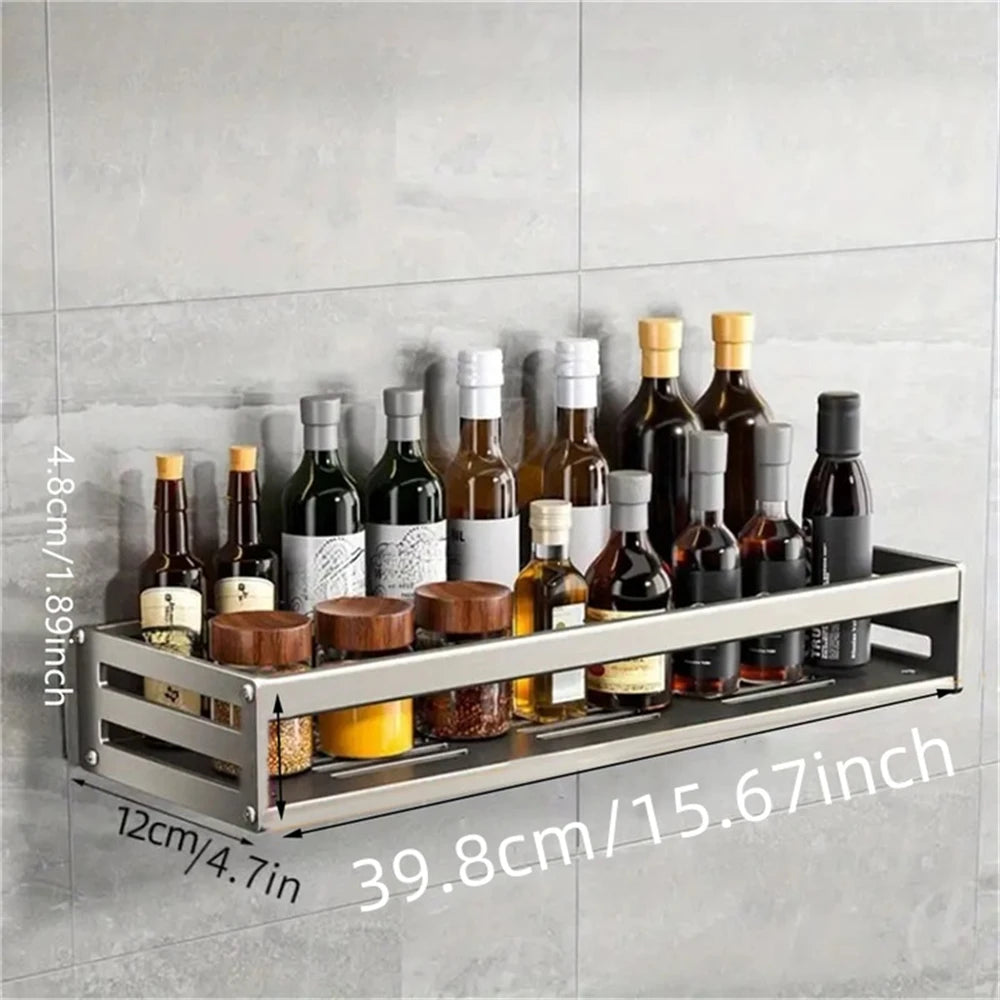 Aluminum Wall-Mounted Spice Rack Multifunctional Item Shelf Kitchen Tools Hooks Kitchen Condiment Storage Rack