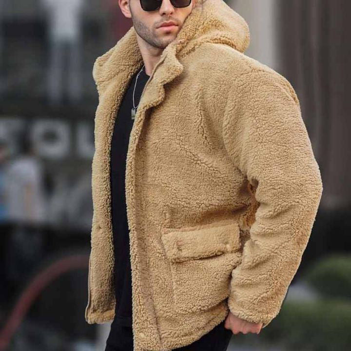 Autumn And Winter Men's Hooded Solid Color Coat Polar Fleece European And American Leisure Trendy